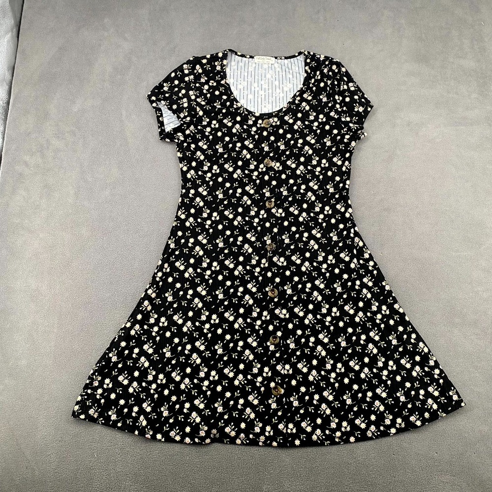Full Circle Trends Mini Dress Womens Large Black Floral Ribbed Knit Button Front